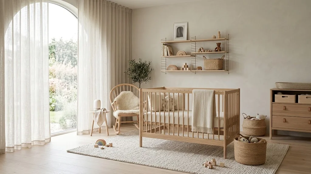 Minimalist Scandinavian birchwood crib and quiet nursing corner